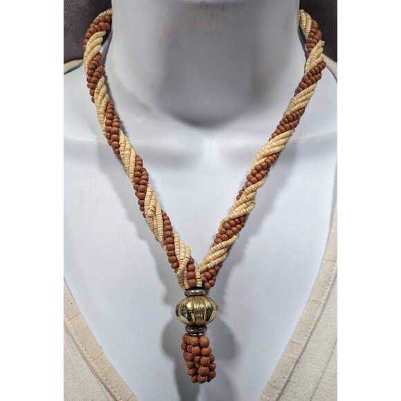 Vintage Rustic Brown And Cream Shell And Wood Beaded Necklace With Gold Tone Bau - Picture 4 of 6